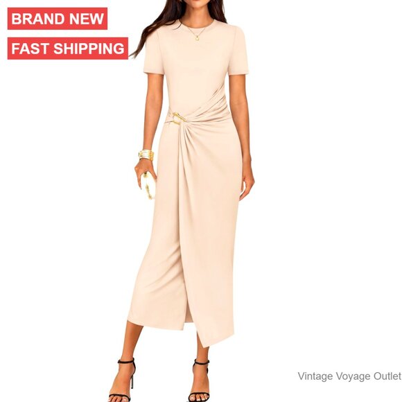 Short Sleeve Bodycon Midi Dress Ruched Split Cocktail Wrap Wedding Guest